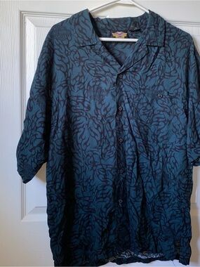 Harley Davidson Y2K Biker Shirt Men Sz M Button Up Hawaiian Camp Stylegreen/blue
